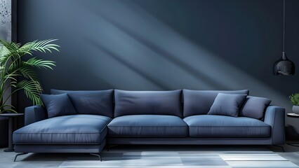 Obraz premium Modern monochrome interior with dusty blue sofa and empty wall mockup. Concept Interior Design, Monochrome Decor, Blue Accents, Sofa Design, Wall Mockup