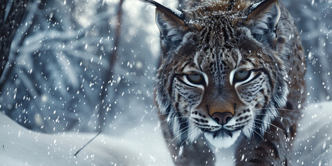 A lynx was stealthily prowling through the snowy forest
