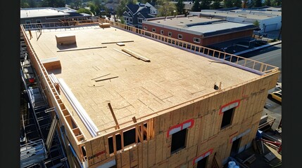 A view of a building with a roof being built