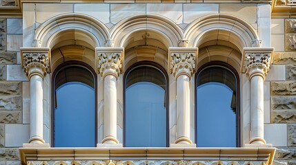 Stone building facade with arched windows and a clock