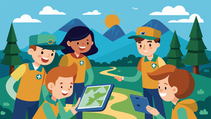 In a remote location a group of scouts gathers around a tablet to plot their route for the next days excursion using a combination of satellite. Vector illustration