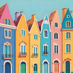 Fototapeta premium vector illustration, minimalistic flat color retro print depicting a rainbow row of houses in an old European town, old architecture landmarks, world travel,