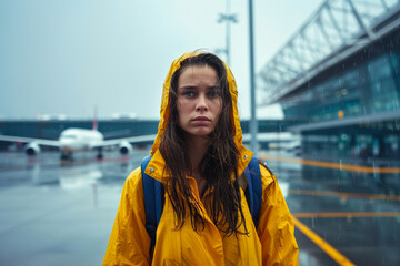 Young woman in a yellow raincoat looks contemplative at the airport on a rainy day, symbolizing travel delays
