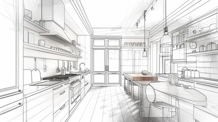 An abstract sketch design presents the interior of a kitchen, offering a conceptual interpretation of the space.
