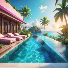 Infinity pool at a luxury tropical resort or villa, concept for a comfortable and luxurious resort holiday,