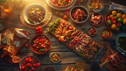 Mediterranean feast, tapas spread on rustic wooden table, sunset lighting, copy space for text on left