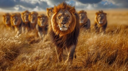 Large Group of Lions Walking Through Forest