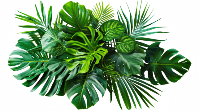 Vibrant tropical leaves isolated on white, showcasing lush greenery and natural textures.