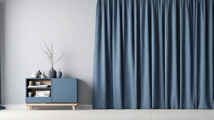 gray interior with navy blue nightstand and decor.navy blue curtain touching the floor illustration mockup