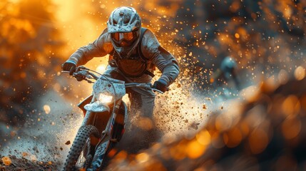 The racer participates in motocross race, takes off and jumps on springboard, against the background of the participants. Close-up. Extreme rest concept.