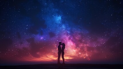 An elderly man and a little girl in front of a city's skyline on Valentine's Day with a starry sky and the horizon as background. Concept of a first kiss, love, and a lifetime of togetherness.
