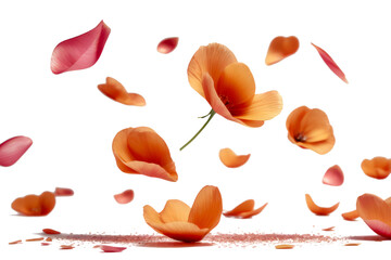 orange petals flying floating isolated on white or transparent background 