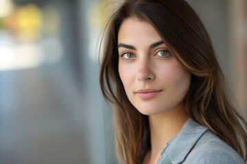 Obraz premium Close-up portrait of a young woman with captivating green eyes and flawless skin, exuding natural beauty and serene confidence against a softly blurred background
