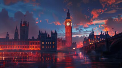 Big Ben and the Houses of Parliament at night in Lo realistic