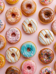 Colorful multi-colored donuts on a pink background. View from above. National Donut Day