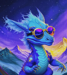 Fun party style super happy blue baby dragon dancing while wearing cool sunglasses over a acrylic blue and purple mountains backdrop