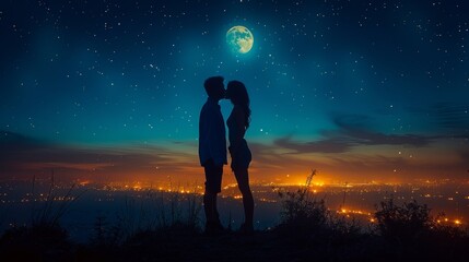 Couple in love against a night city, sky, and horizon. Conceptual Valentine Day, first kiss.