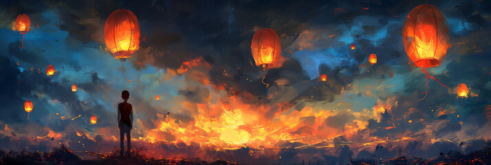 background of a young man contemplating flying lanterns at sunset