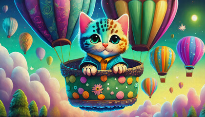Naklejka premium oil painting style cartoon character Baby cat in basket of hot air balloons at dawn