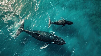 Obraz premium Humpback whale and calf aerial drone shot sleeping on the surface of the ocean in Australia, New South Wales.