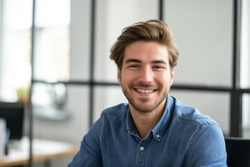 Obraz premium Charismatic young man with a genuine smile sits comfortably in a modern office environment, exuding confidence and approachability in casual business attire