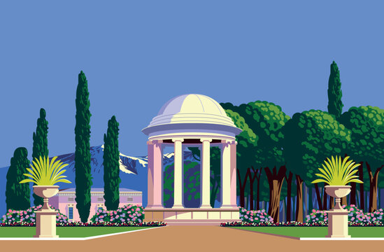 Traditional romantic gazebo in a park with a garden, flowering beds, trees, an Italian palazzo and mountains in the background. Handmade drawing vector illustration.