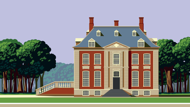A traditional 18th century English mansion house with a park and trees in the background. Handmade drawing vector illustration.