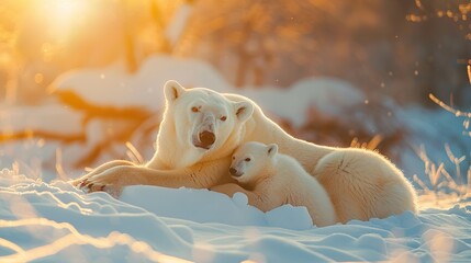 polar bear family, mother and baby together relax on snow. clean and bright white snowfield...