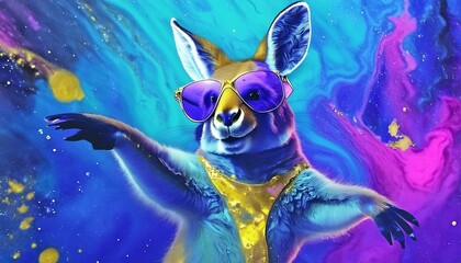 Fun party style super happy blue baby kangaroo dancing while wearing cool sunglasses over a acrylic blue and purple abstract backdrop