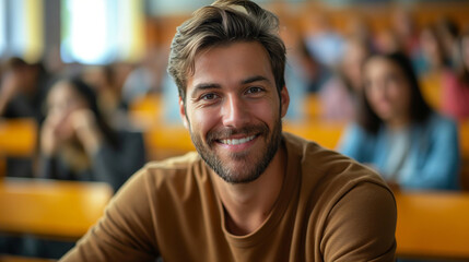 Fototapeta premium Happy mature student in lecture hall looking at camera.