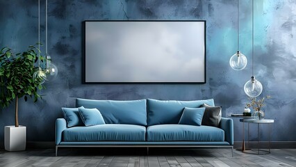 Contemporary monochrome interior featuring a dusty blue sofa and blank wall mockup. Concept Interior Design, Monochrome Decor, Dusty Blue Sofa, Blank Wall Mockup