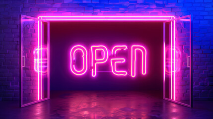 neon sign with the words "open" on black background