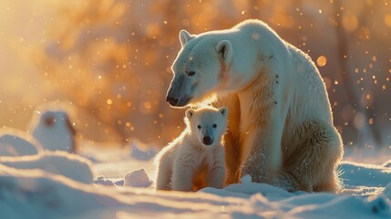 polar bear family, mother and baby together relax on snow. clean and bright white snowfield...