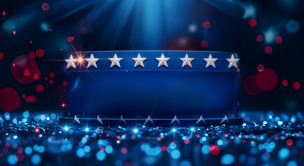 Event Stage Concept. Stage Platform with American Flag Colors and Stars - Event Background.  Blue Stage with Stars and Confetti