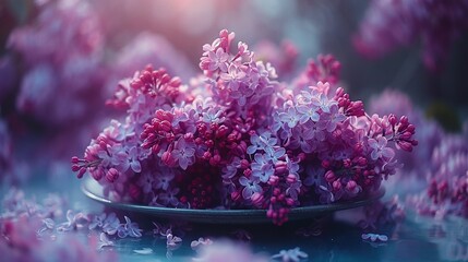   A bowl of purple flowers on a blue table surrounded by white and purple blooms - Powered by Adobe
