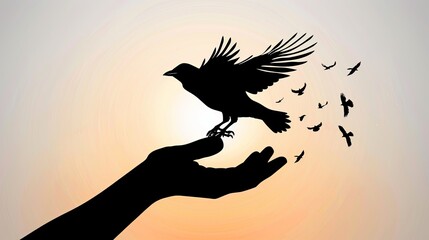 Illustrating the concept of freedom, a bird takes flight from an open hand, symbolizing liberation and celebrating World Bird Day in silhouette form. - Powered by Adobe