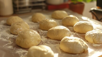 Blanks of buttered dough for making donuts on a wooden board sprinkled with flour. National Donut Day