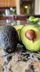 Two avocados, natural foods and fruits, are sitting on a counter. One avocado is cut in half, revealing its superfood qualities as a nutritious ingredient