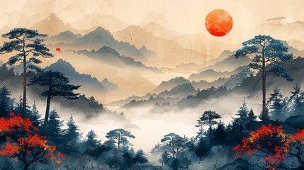 The background is an abstract landscape with Japanese wave pattern modern. A nature background with a mountain forest template in an Oriental style is included.