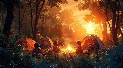 Serene forest campsite with tents and a central campfire, set against a sunset backdrop