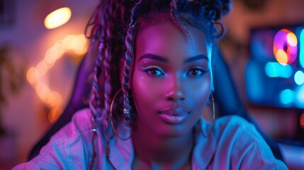 In neon color blur background, a professional streamer African young woman cyber gamer sits in an armchair with a keyboard in a studio room.