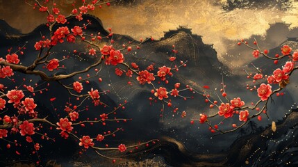 Background modern with gold and black texture. Decorated with cherry blossoms, bamboo and Chinese clouds. Art landscape logo design.