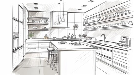 Linear sketches depict the interior of a kitchen, emphasizing simplicity and clarity in the design.