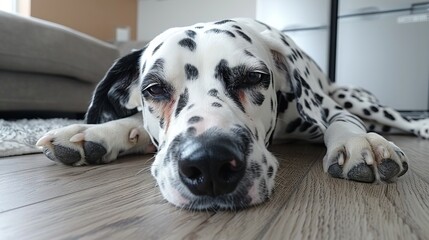   A Dalmatian dog rests on the floor with its paws outstretched to the sides, facing the camera with a serene expression