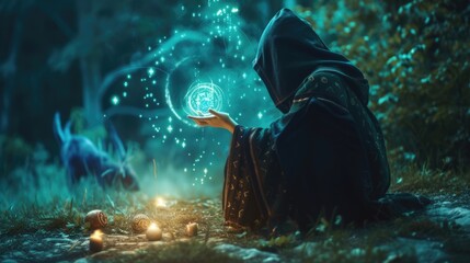 Naklejka premium Smart wizard casting magical spell while preparing for ceremony at fantasy forest with glowing flower. Professional attractive witch testing his powerful magical spell or luminous magic. AIG42.