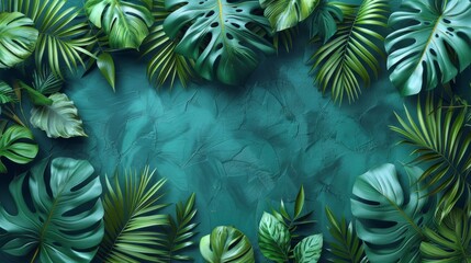 Green square backgrounds decorated with tropical leaves and textures. Editable modern templates for cards, banners, invitations, social media posts, posters, mobile apps, and web ads.