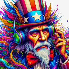Digital art vibrant colorful uncle sam wearing headphones vibin to music