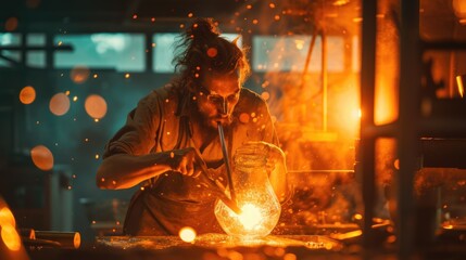 A man blowing glass near a fire, displaying his skill while heating the molten material. AIG41