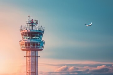 Naklejka premium Airport control tower with departing plane on blurred background, copy space available