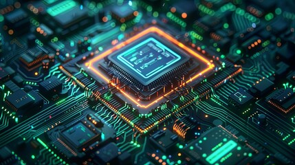 Obraz premium A computer chip with a green and orange glow